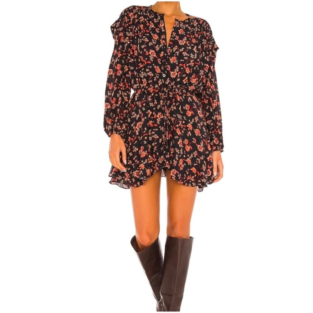 Free‎ People Flower Fields Women's size Medium Boho Button Tie Ruffle Mini Dress